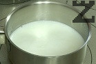 Para preparar la masa choux, vierte la leche en una cacerola y añade 125 ml de agua, el azúcar, la sal y la mantequilla. 